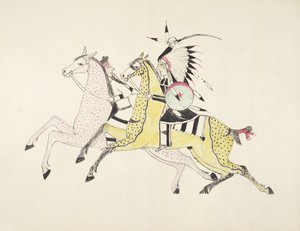 Sioux krijger gewapend met sabel die een Crow Indiaan aanvalt